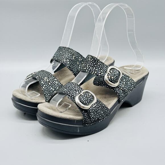 Dansko Sandals Womens 5 Black Leather Sophie Speckled Wedge Slide Buckle Strap - Picture 4 of 13